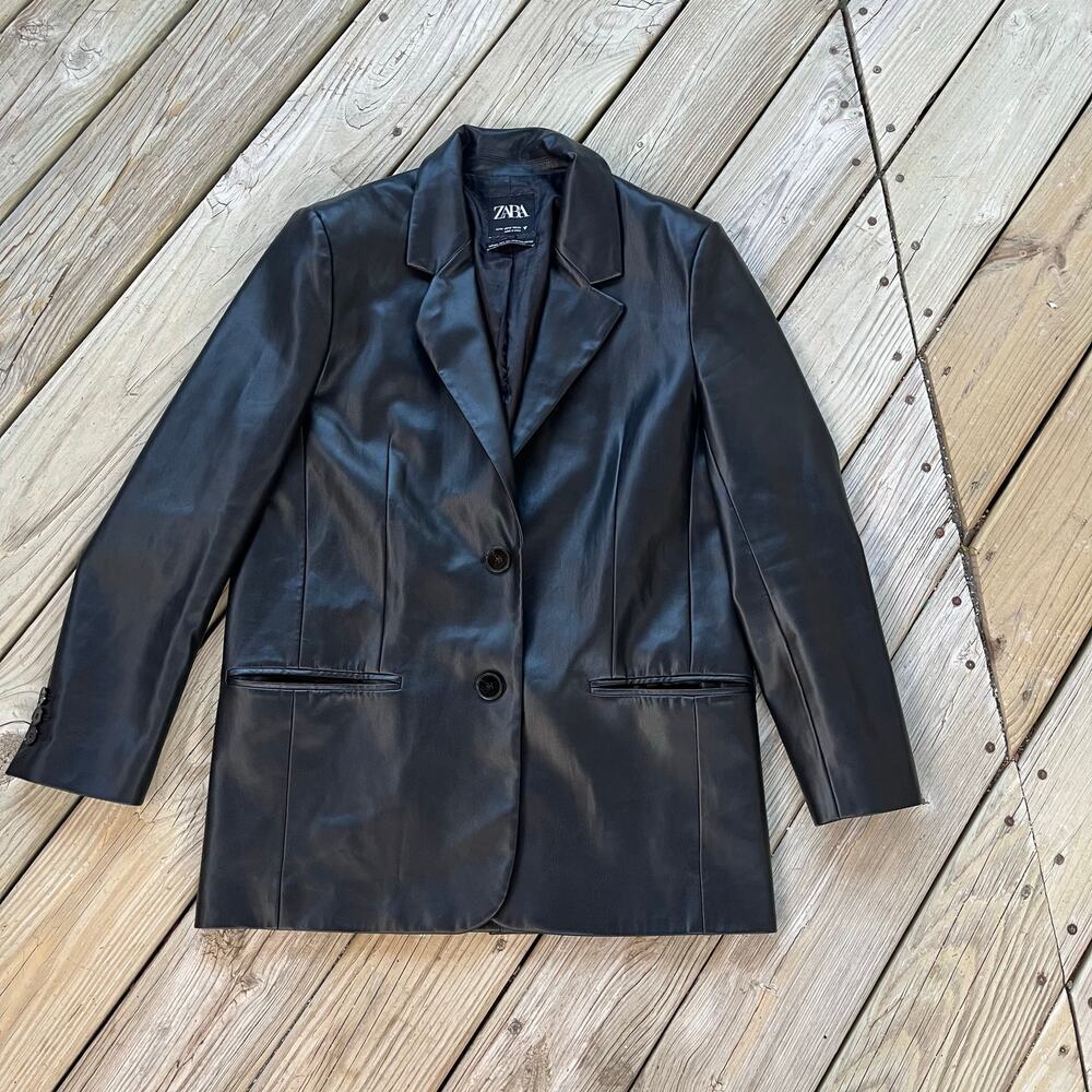 Zara Women's Black Vegan Leather Oversized Blazer Jacket Size M